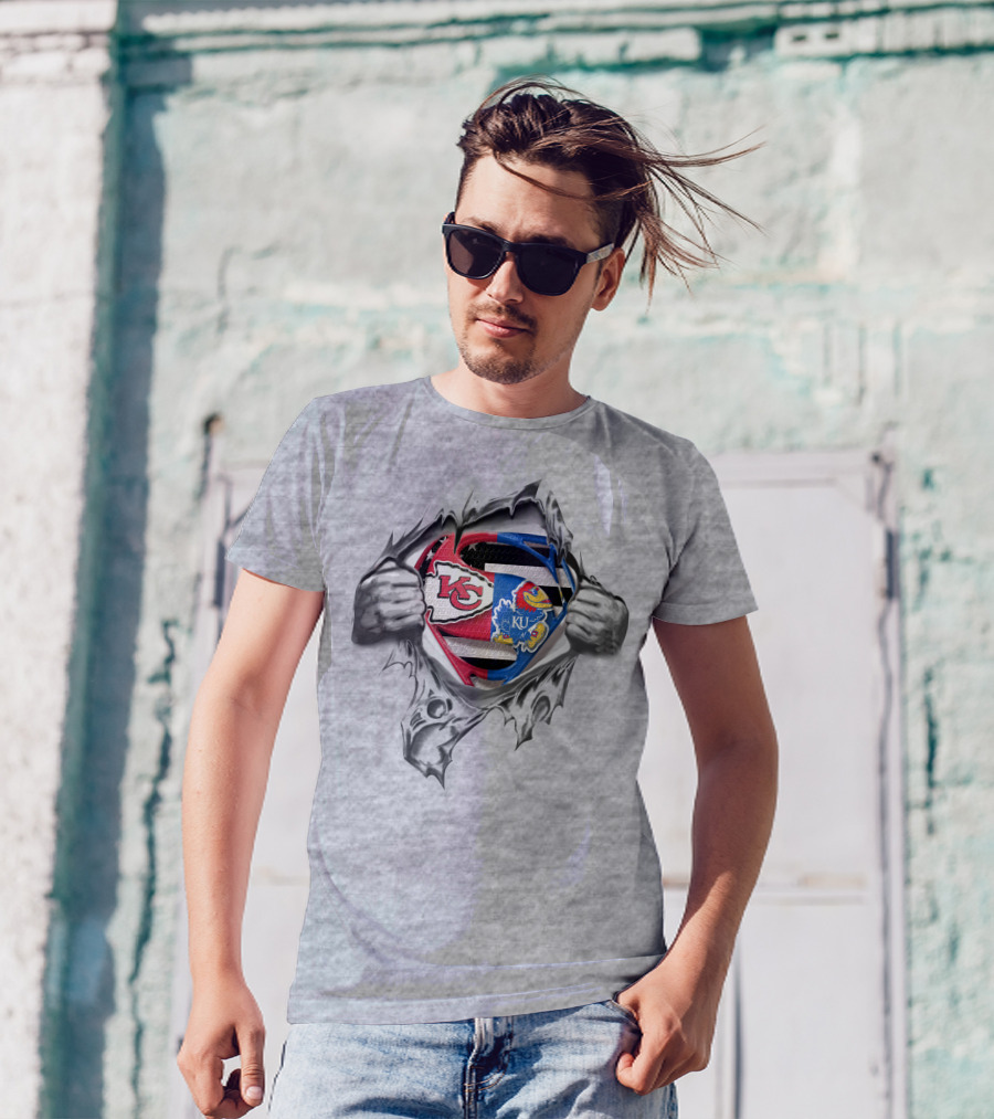 Kansas City Chiefs And Kansas Jayhawks Superman Logo Fusion T-Shirt