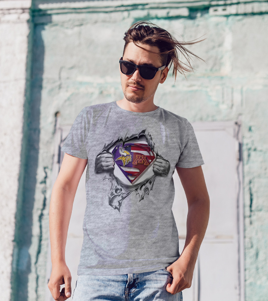 Minnesota Vikings Gophers Superman Logo American Flag T-Shirt
