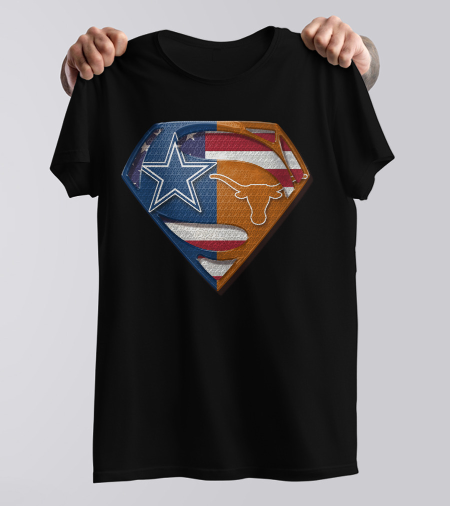 Dallas Cowboys Texas Longhorns Star And Longhorn Superman Shield Flag T-Shirt