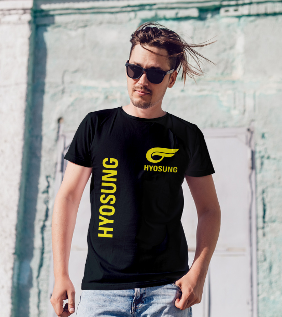 HYOSUNG Logo Stylized Yellow Text Brand T-Shirt