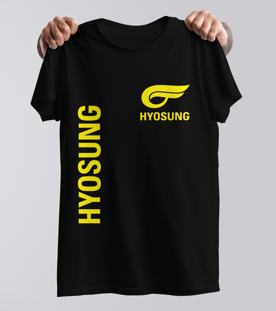 HYOSUNG Logo Stylized Yellow Text Brand T-Shirt