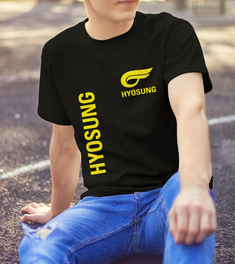 HYOSUNG Logo Stylized Yellow Text Brand T-Shirt