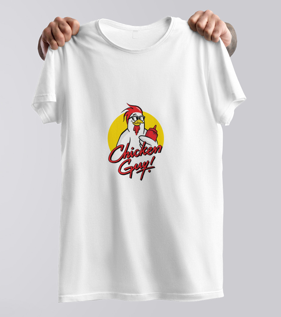 Chicken Guy Holding Sauce Bottle In Yellow Circle T-Shirt