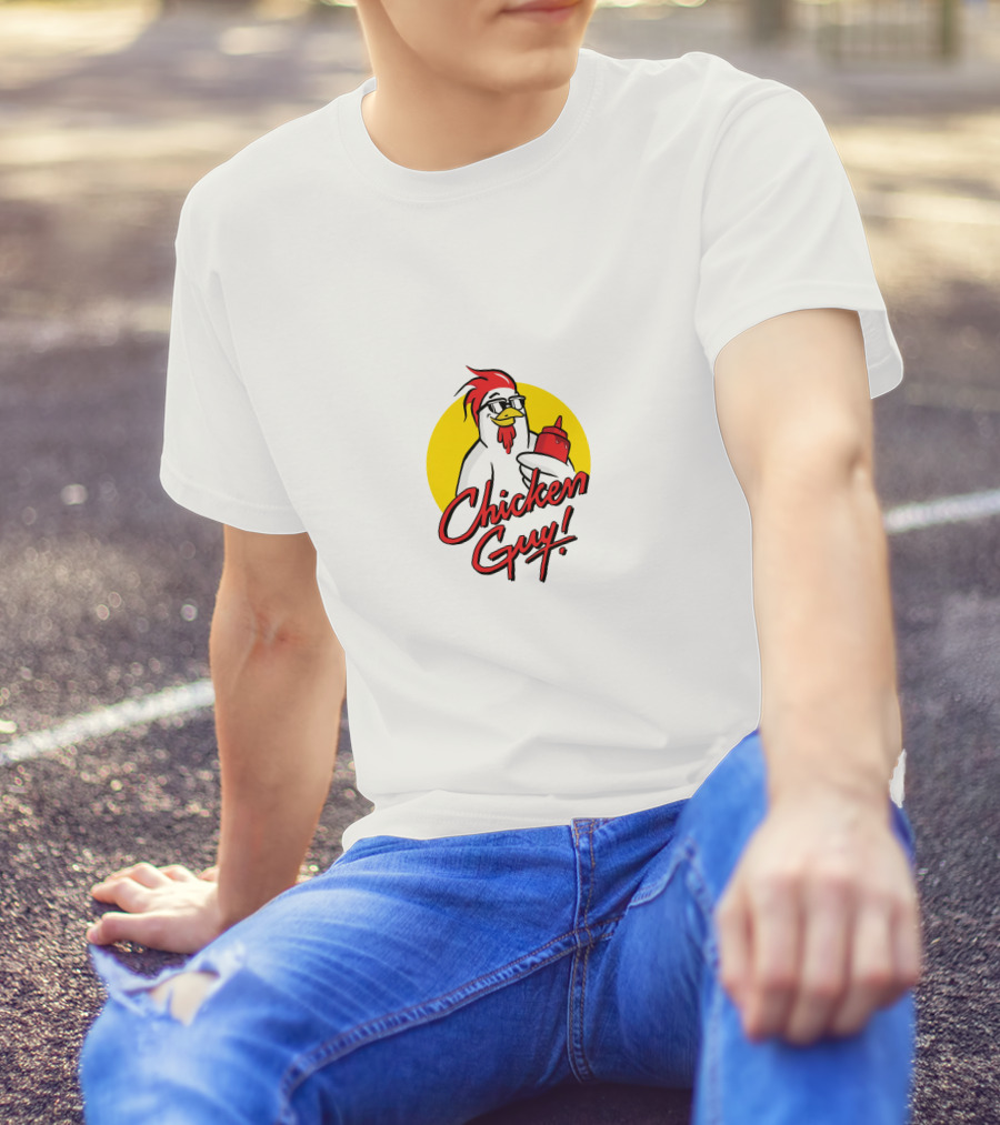Chicken Guy Holding Sauce Bottle In Yellow Circle T-Shirt