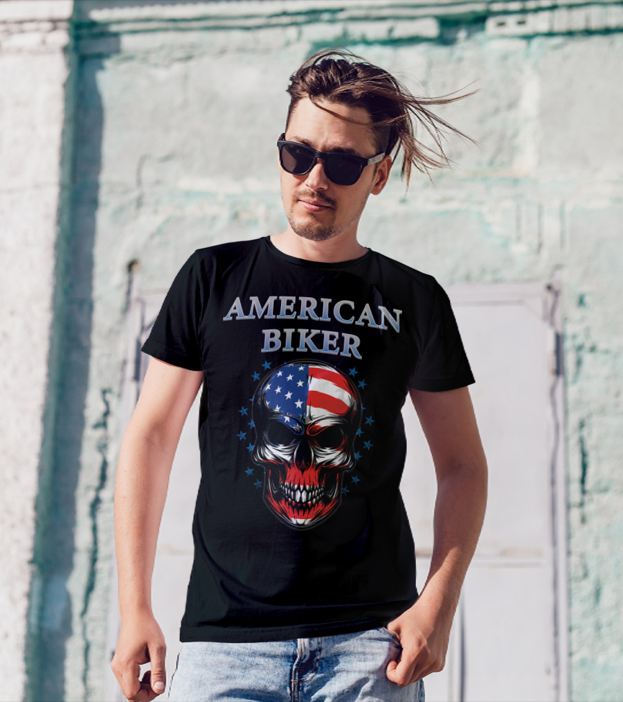 American Biker USA Flag Skull Bike Knight T-Shirt