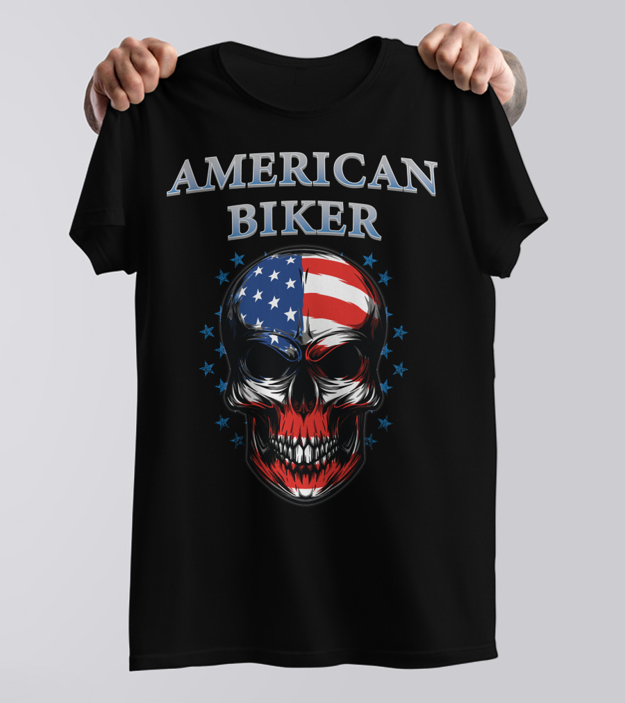 American Biker USA Flag Skull Bike Knight T-Shirt