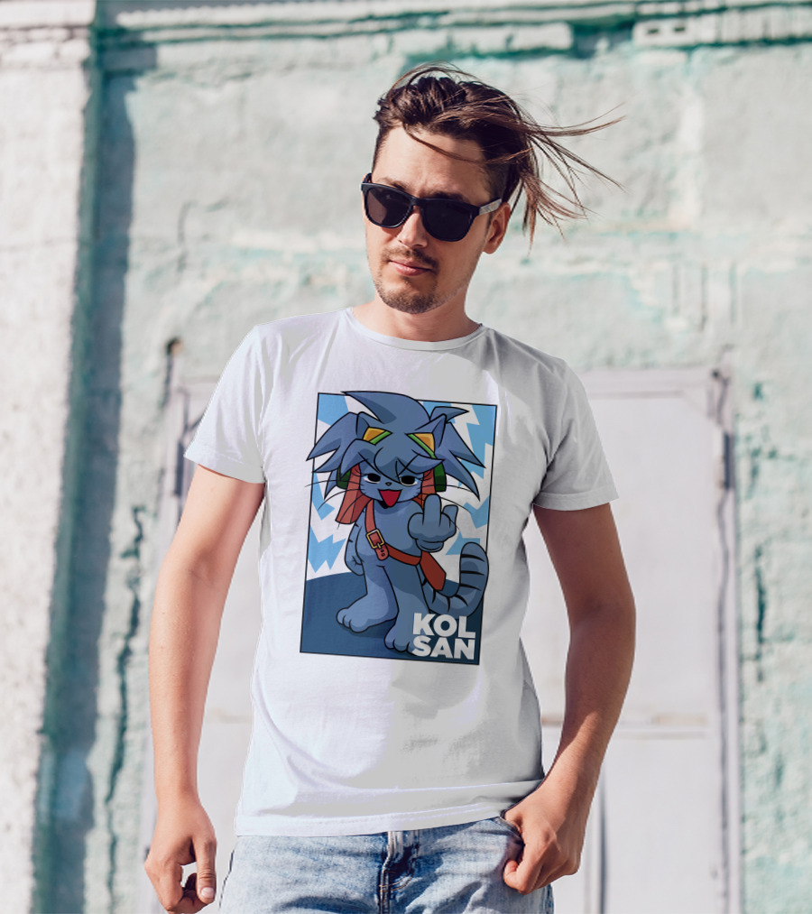 Kolsan Attitude Blue Cat Character With Lightning Bolt Background T-Shirt