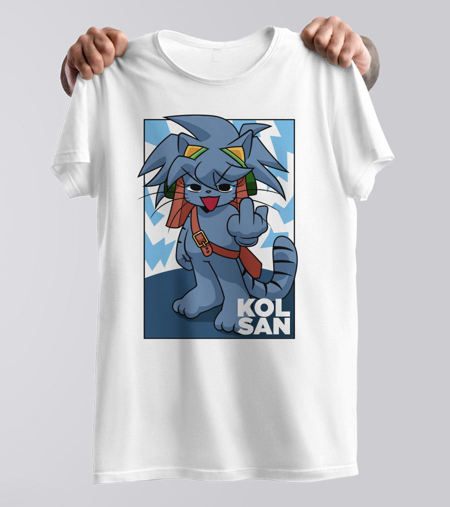 Kolsan Attitude Blue Cat Character With Lightning Bolt Background T-Shirt