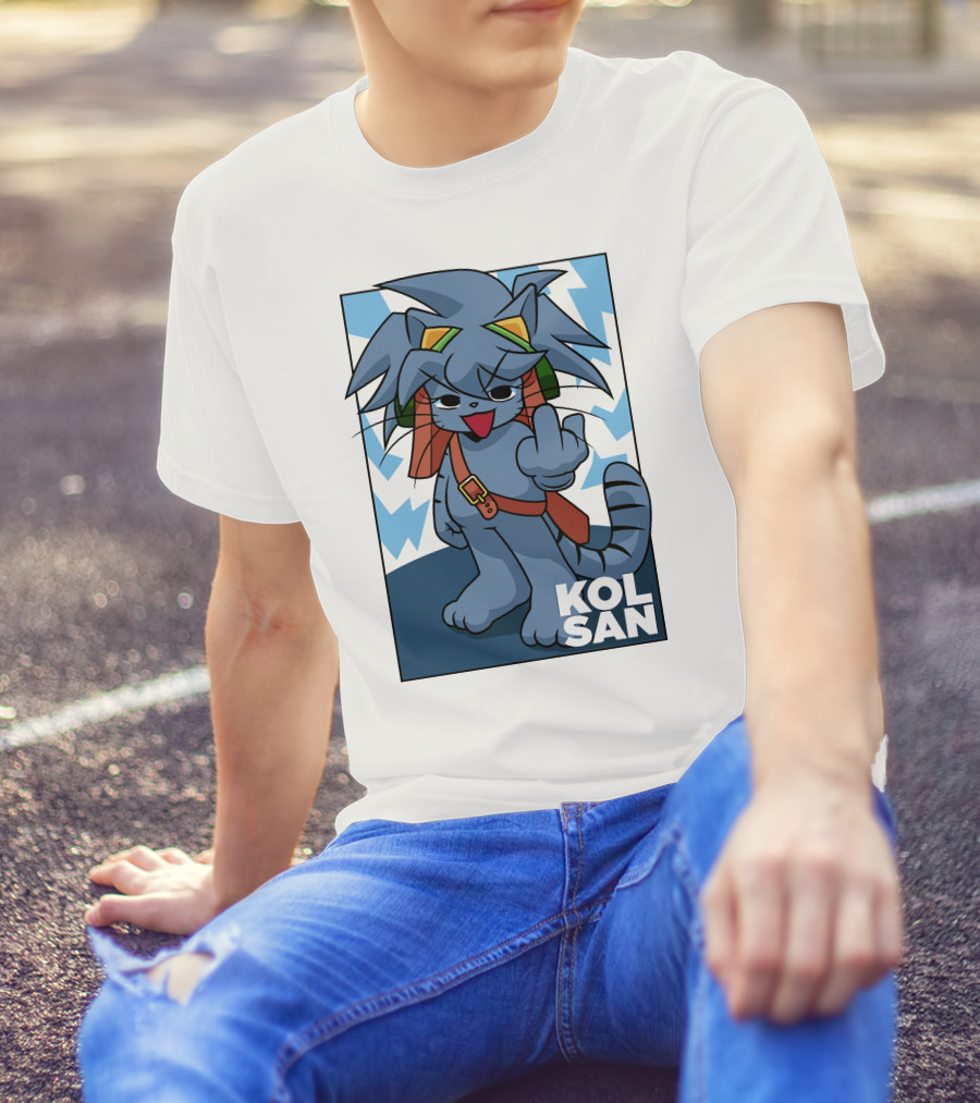 Kolsan Attitude Blue Cat Character With Lightning Bolt Background T-Shirt