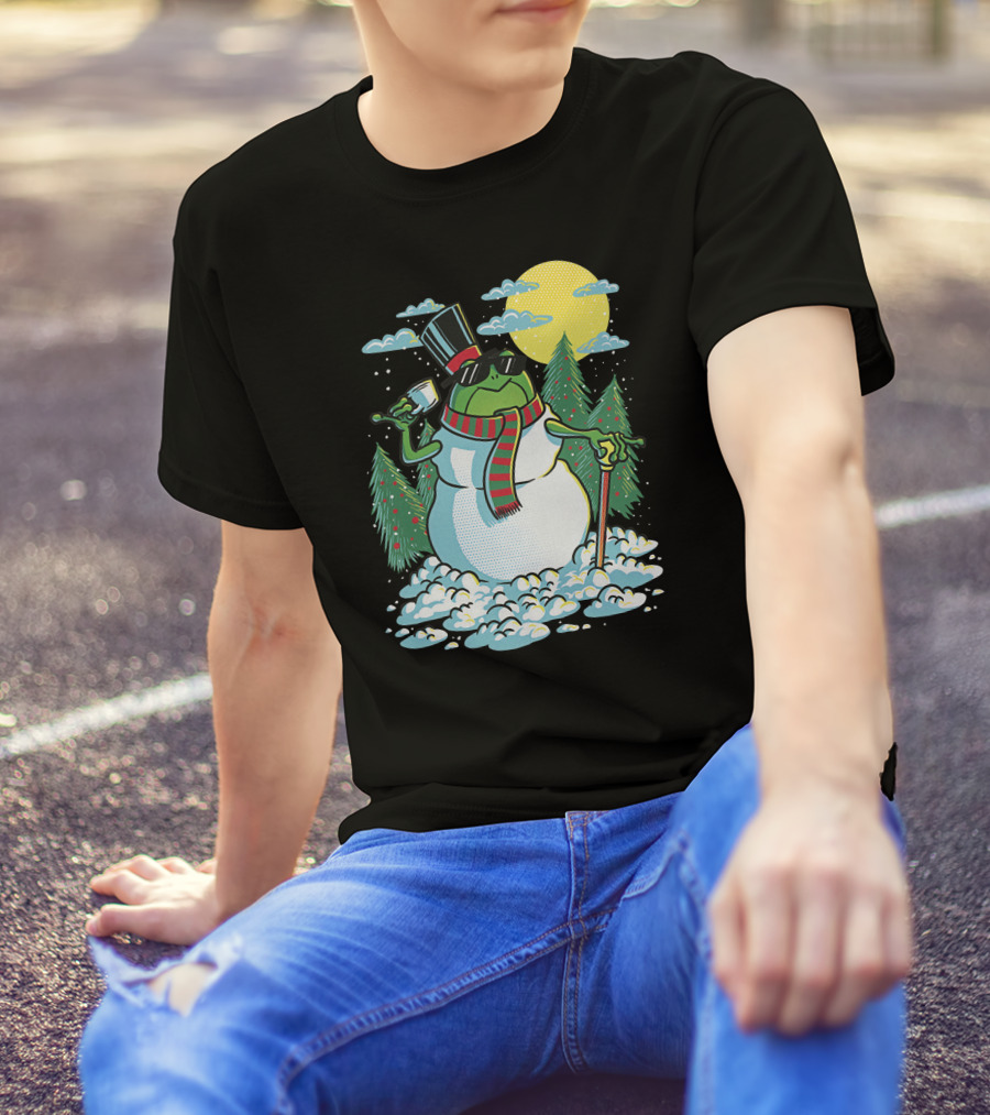 BoomerNA Merch BoomerNA Snowfrog Frog Snowman Christmas Tree Top Hat Cane T-Shirt