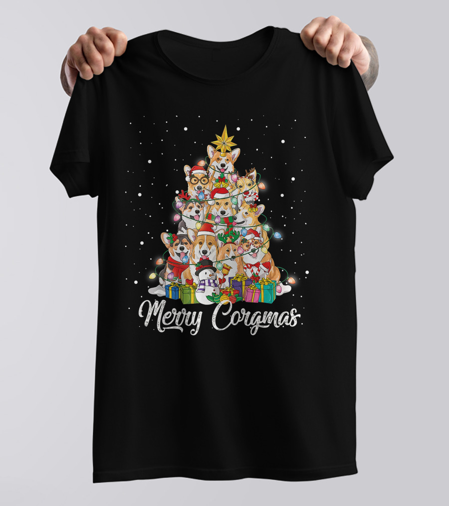 Merry Corgmas Corgi Christmas Tree Dog Gifts Snowman Star Lights T-Shirt