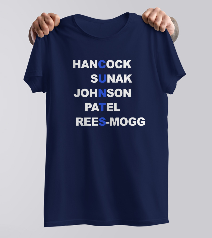 Hancock Sunak Johnson Patel Rees-Mogg Blue Letters Arrangement T-Shirt
