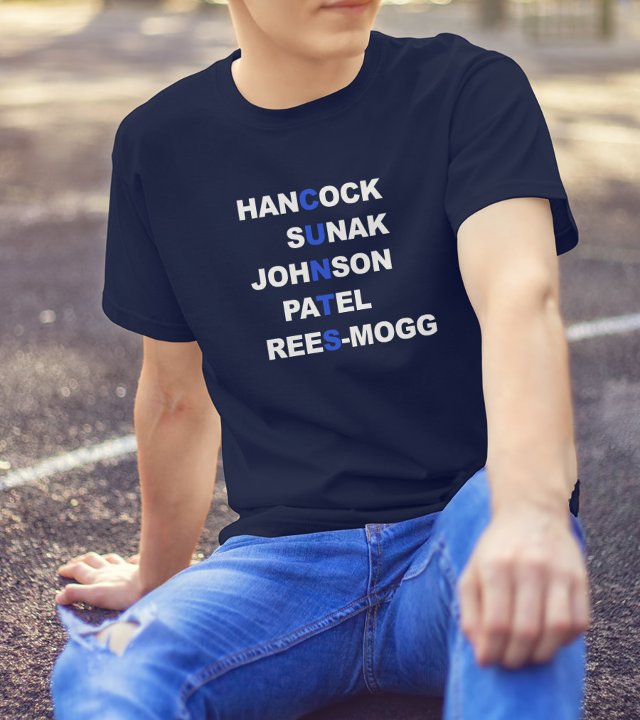 Hancock Sunak Johnson Patel Rees-Mogg Blue Letters Arrangement T-Shirt
