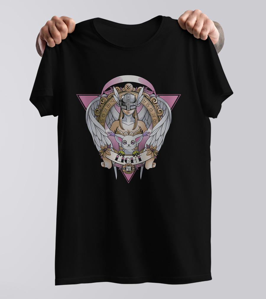 Angewomon Digimon Light Angel Wings Sacred Geometry Design Fight Banner T-Shirt