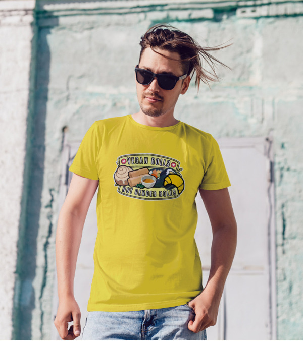 Vegan Rolls Not Gender Roles Sushi Cinnamon Bun Yellow Background T-Shirt