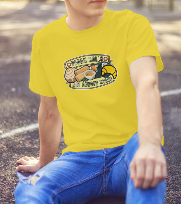 Vegan Rolls Not Gender Roles Sushi Cinnamon Bun Yellow Background T-Shirt