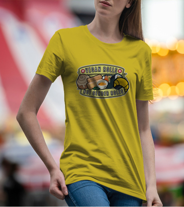 Vegan Rolls Not Gender Roles Sushi Cinnamon Bun Yellow Background T-Shirt