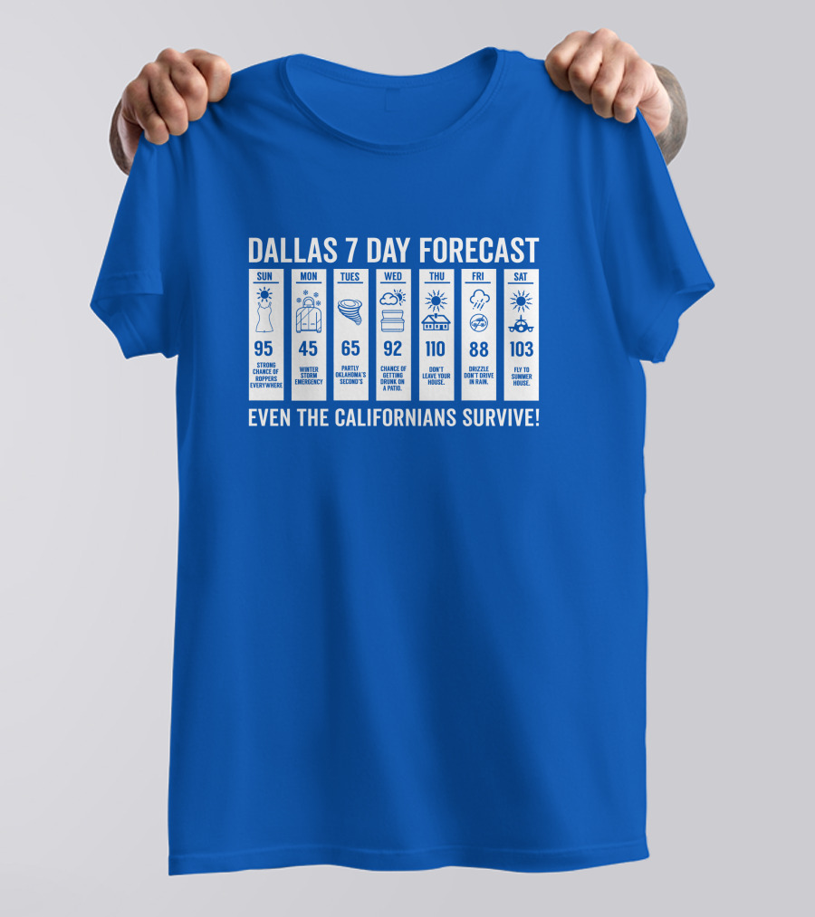 Dallas 7 Day Forecast Weather Parody Even The Californians Survive Bullzerk Merch T-Shirt