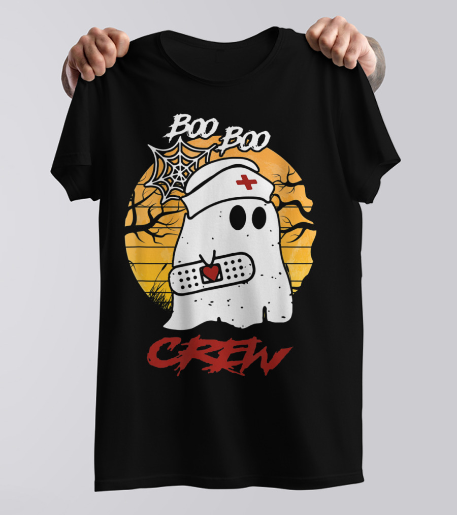 Boo Boo Nurse Ghost With Bandage And Spider Web Halloween Crew T-Shirt
