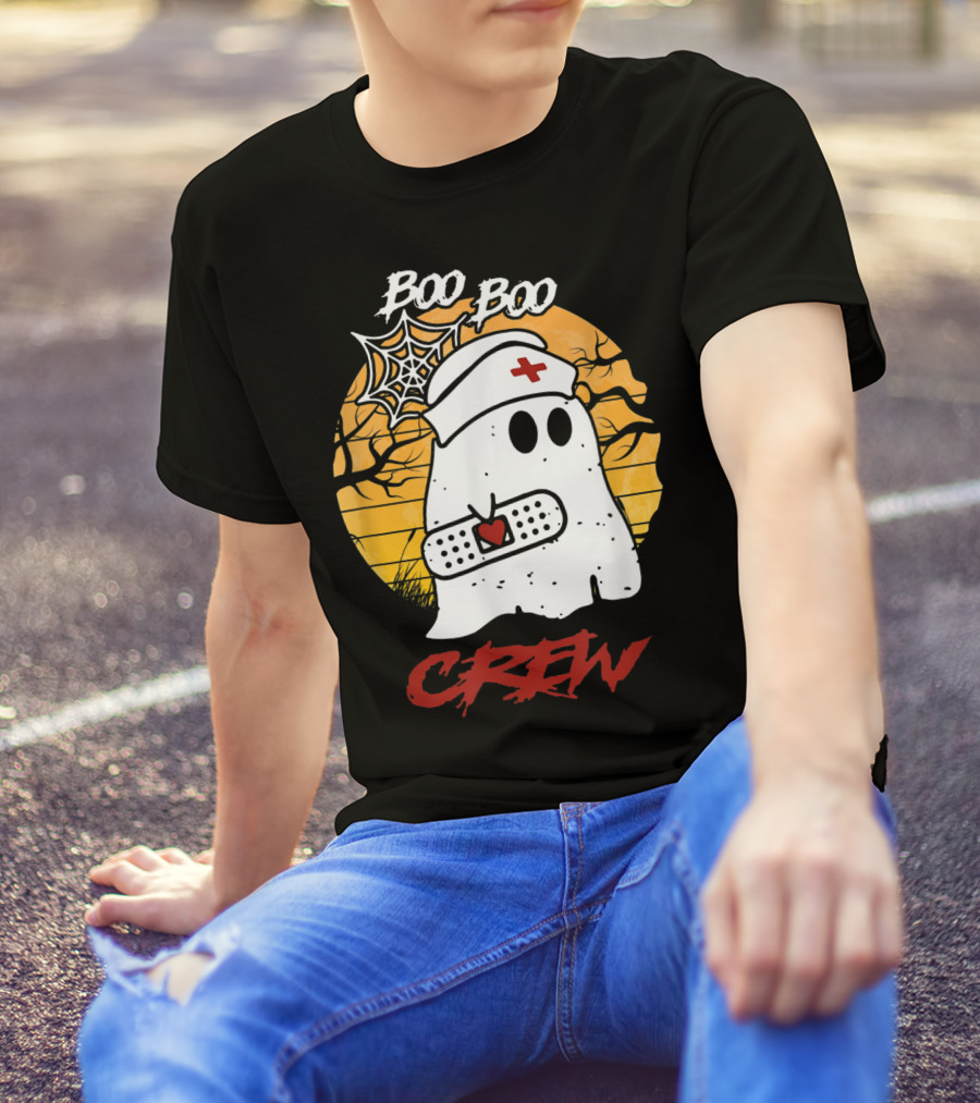 Boo Boo Nurse Ghost With Bandage And Spider Web Halloween Crew T-Shirt