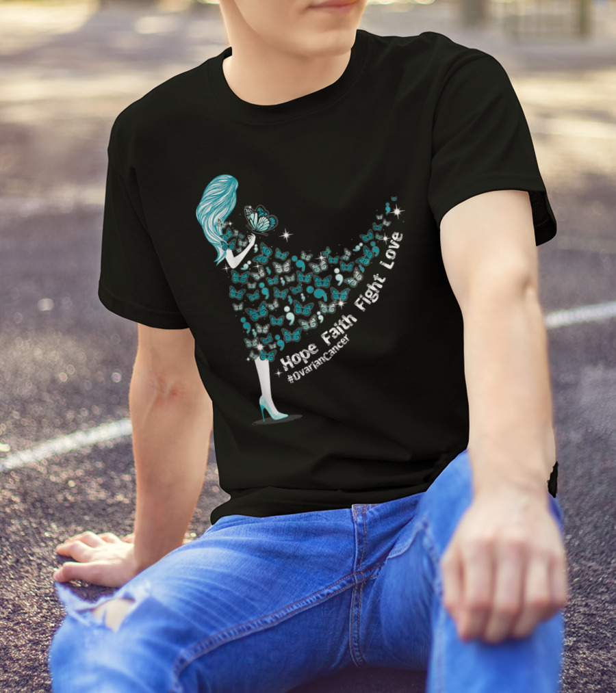 Hope Faith Fight Love Butterfly #OvarianCancer Support T-Shirt