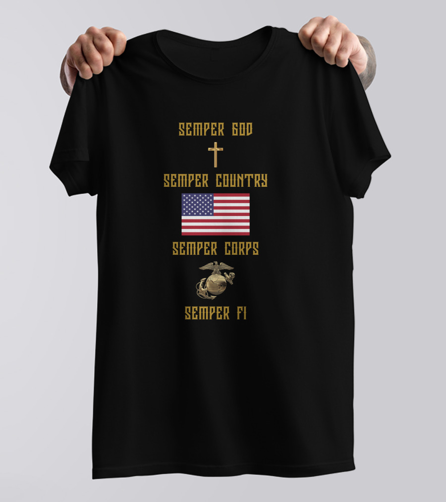 Semper God Country Corps Fi American Flag Eagle Globe Anchor Cross T-Shirt