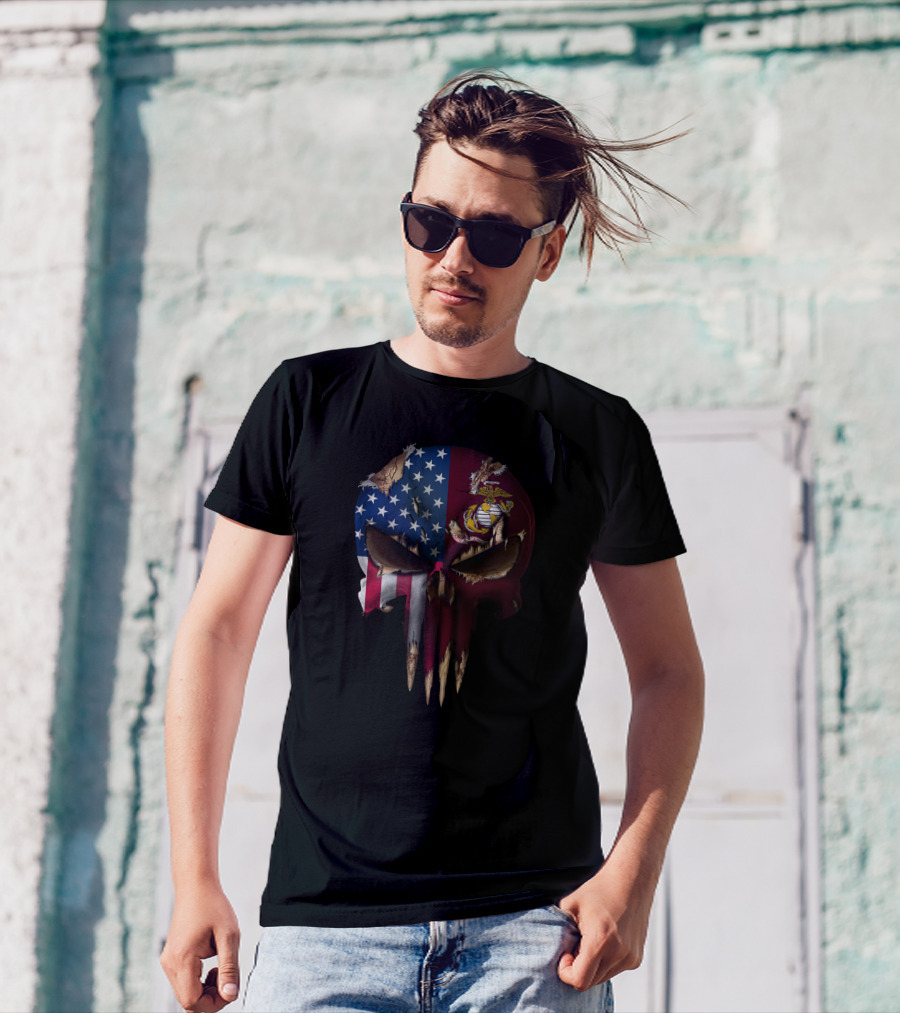 Patriotic Us Flag Skull With Marine Corps T-Shirt