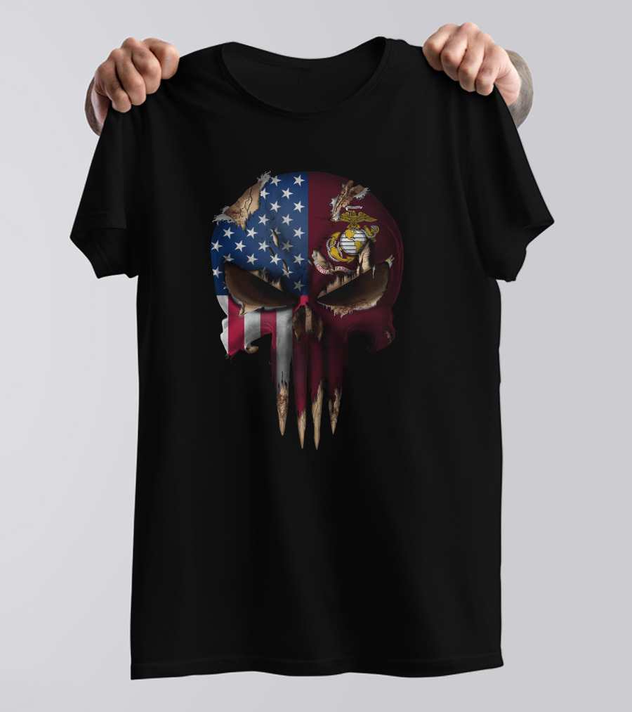 Patriotic Us Flag Skull With Marine Corps T-Shirt