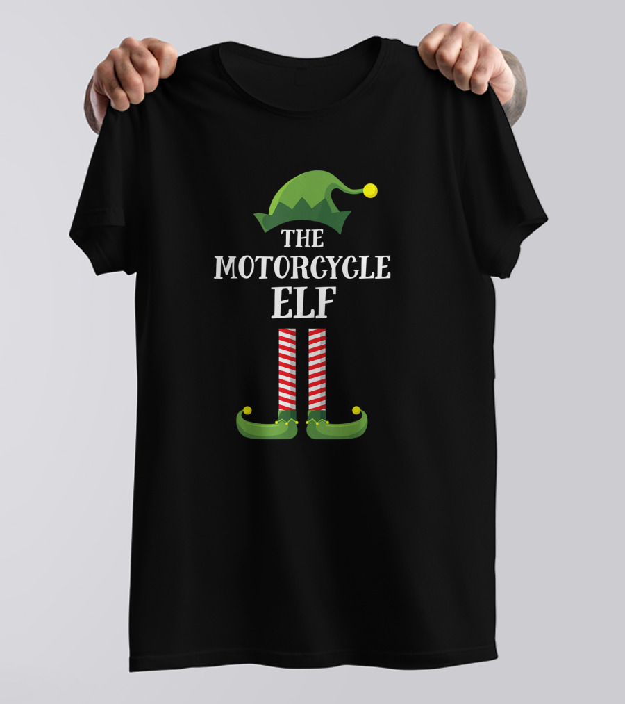 The Motorcycle Elf Green Hat Red Striped Legs Christmas Party Matching Family Group T-Shirt