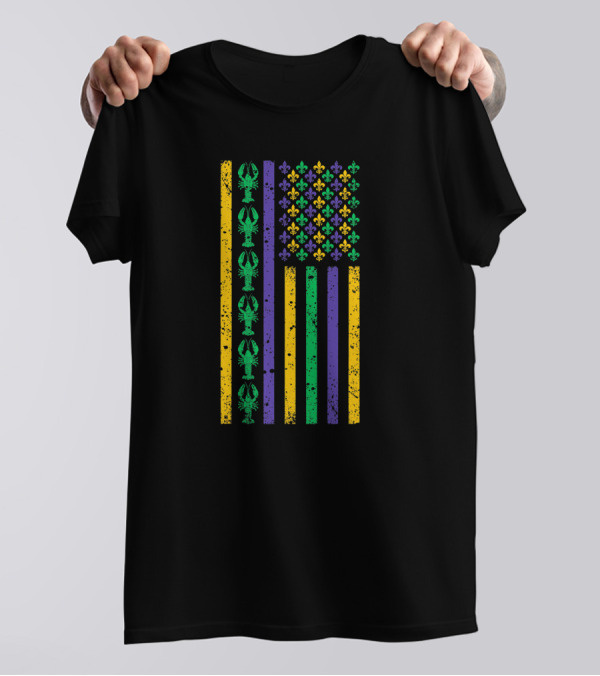 American Flag Mardi Gras Crawfish Fleur De Lis T-Shirt
