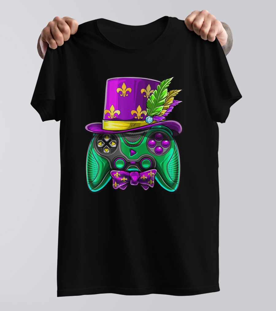 Mardi Gras Fleur-de-Lis Video Game Controller Jester Hat Bow Tie T-Shirt
