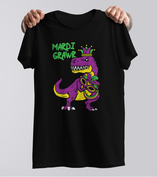 Mardi Grawr Jester Trex Dinosaur With Mask And Beads T-Shirt