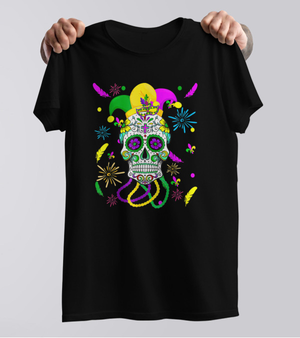 Sugar Skull Carnival Mask Jester Hat Mardi Gras Celebrations T-Shirt