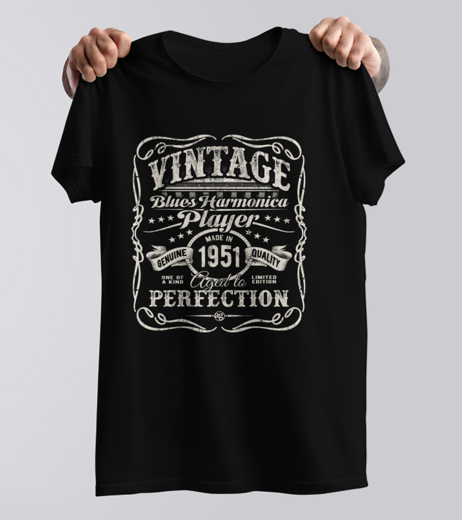 Vintage Blues Harmonica Player Made In 1951 Genuine Quality Aged To Perfection T-Shirt