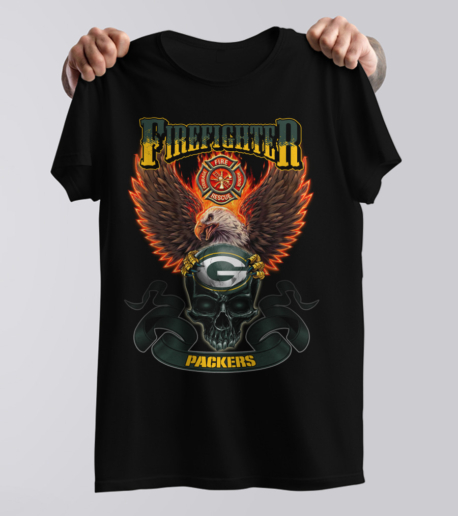 Firefighter Fire Rescue Eagle Green Bay Packers Skull T-Shirt