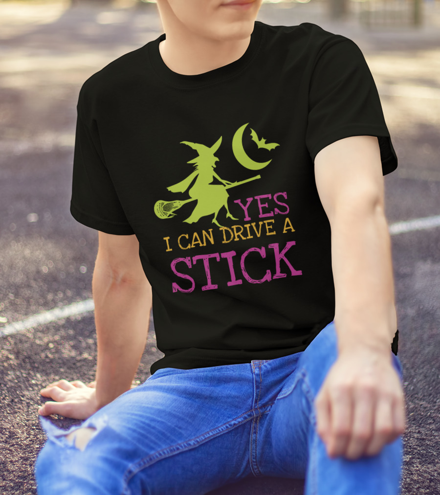 Yes I Can Drive A Lacrosse Stick Witch Halloween Moon Bat T-Shirt