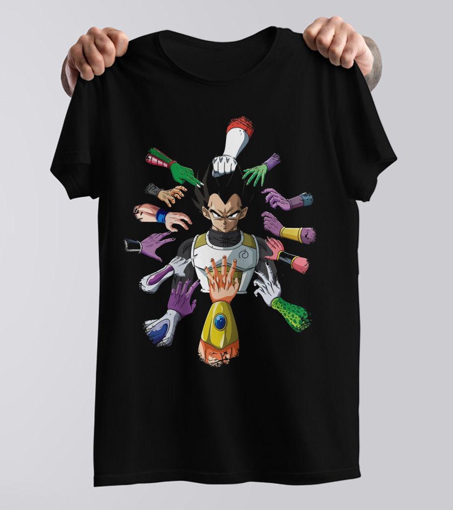 Vegeta Surrounded By Colorful Hands In John Wick T-Shirt