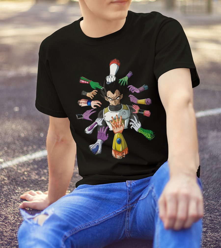 Vegeta Surrounded By Colorful Hands In John Wick T-Shirt