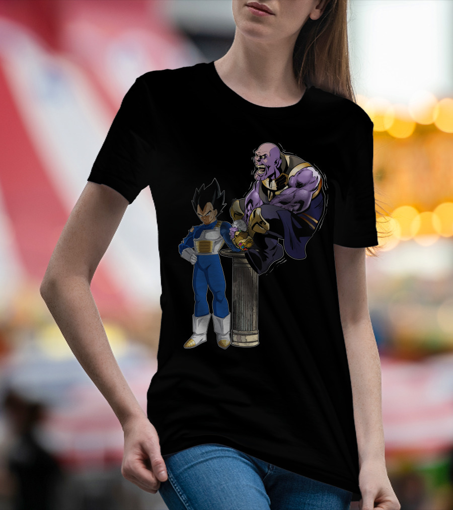 Vegeta And Thanos Arm Wrestling On Stone Pedestal T-Shirt