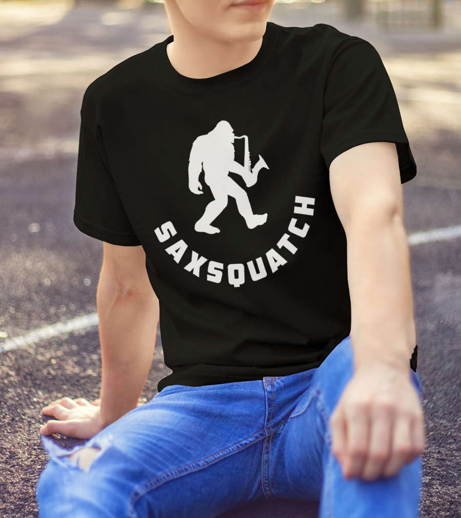 Saxsquatch Saxophone Playing Bigfoot Walking T-Shirt