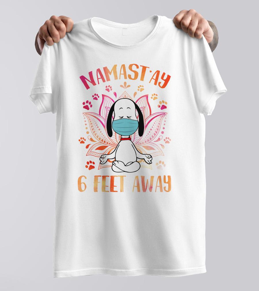 Namastay 6 Feet Away Masked Meditating Dog With Mandala And Paw Prints T-Shirt