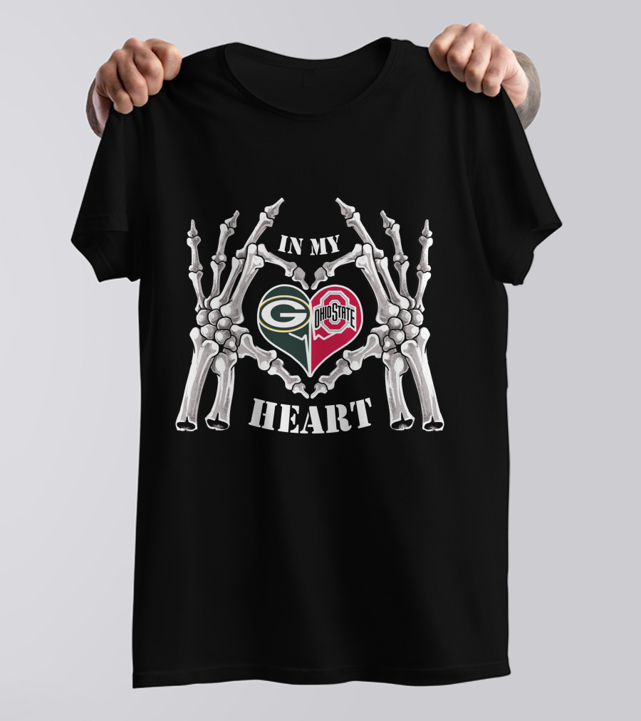 In My Heart Green Bay Packers Ohio State Buckeyes Bone Hands Heart T-Shirt