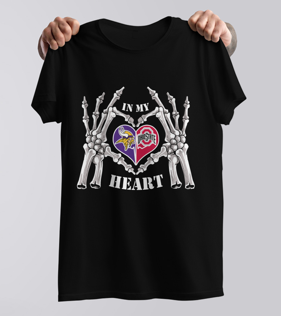 In My Heart Minnesota Vikings Ohio State Buckeyes Skeleton Hands Heart T-Shirt