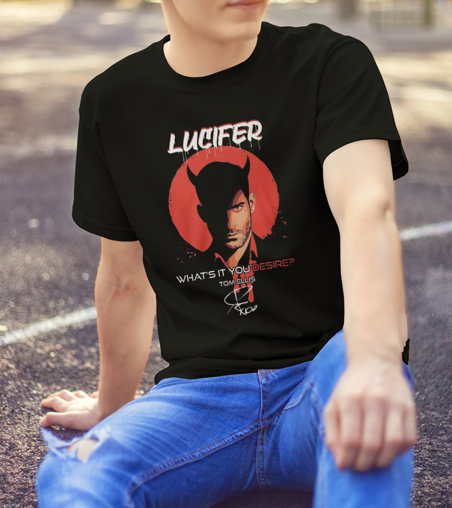 Lucifer What's It You Desire Tom Ellis Red Circle Devil Horns T-Shirt
