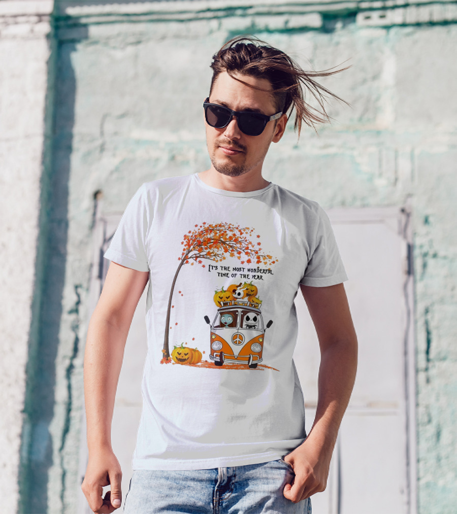 Jack Skellington Pumpkin It's The Most Wonderful Time Of The Year Autumn Van With Pumpkins And Tree T-Shirt