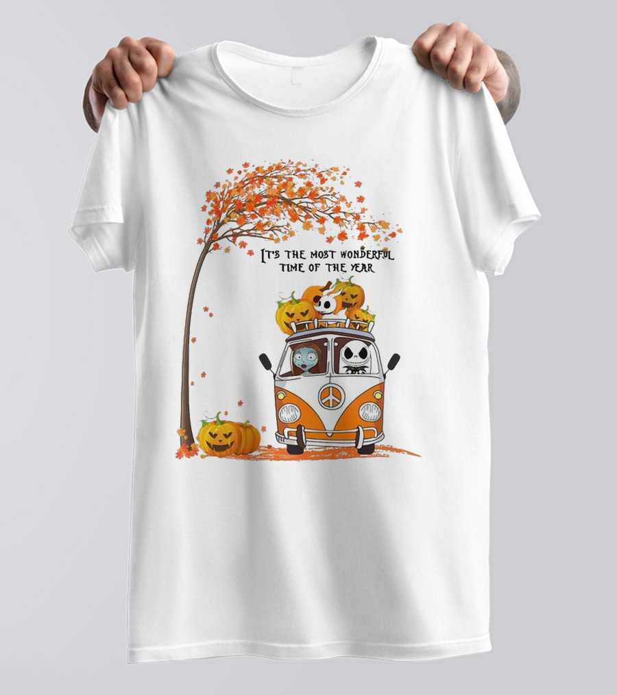 Jack Skellington Pumpkin It's The Most Wonderful Time Of The Year Autumn Van With Pumpkins And Tree T-Shirt