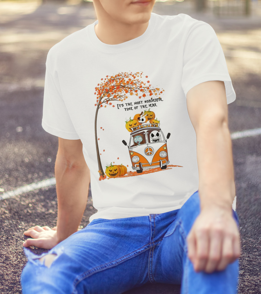 Jack Skellington Pumpkin It's The Most Wonderful Time Of The Year Autumn Van With Pumpkins And Tree T-Shirt