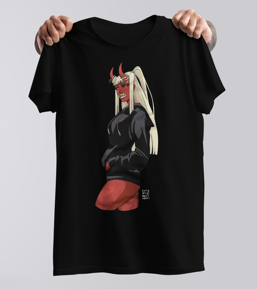 Cutie Pie Sensei X Redpop Oni Chan Demon Girl In Black Hoodie With Red Horns And Long Blonde Hair T-Shirt