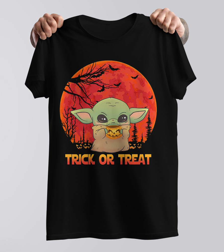 Halloween Baby Yoda Trick Or Treat Moon Pumpkin Forest T-Shirt