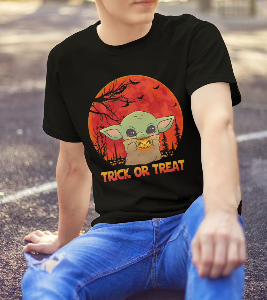 Halloween Baby Yoda Trick Or Treat Moon Pumpkin Forest T-Shirt